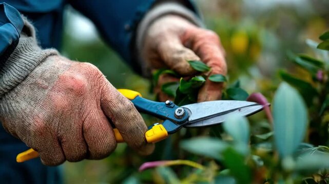 Closeup of hands sharpening bypass garden shears with a whetstone focusing on the blade edge for precise pruning maintenance.
