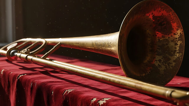 vintage brass trombone carefully laid on a richly textured red velvet fabric bathed in warm light with dust motes evoking classical music and historical narratives.