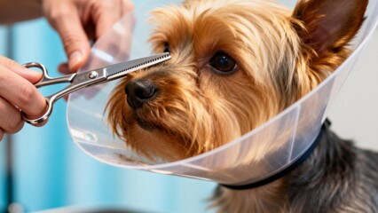 Dog with cone having fur trimmed