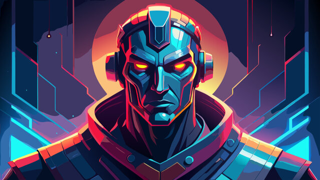 Cybernetic warrior in futuristic cityscape