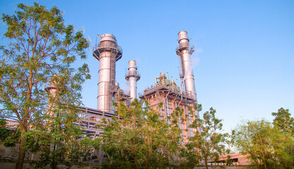 Combined Cycle Power Plant. Steam Turbine Modern Clean Power generator building. Large electricity industry.