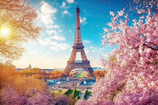 Spring bloom at eiffel tower paris landscape photography colorful environment daytime view travel inspiration
