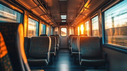 Fototapeta premium Train journey at sunset interior view photography urban environment tranquil perspective