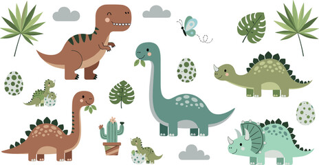 Cute dinosaur illustration set with cartoon prehistoric animals, tropical plants, eggs, and playful elements, fun collection for kids education and nursery designs flat vector style © Mostafijur