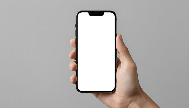 A hand gripping a smartphone with a large blank screen, shown against a gray background and natural lighting, HD and 4k image