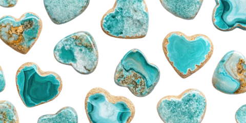 Seamless pattern of turquoise or agate heart shapes with stone texture on transparent background