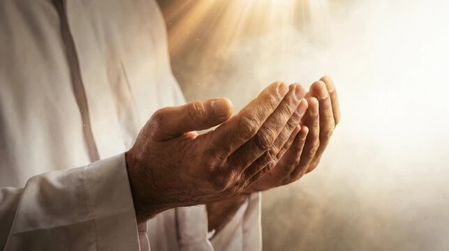 A close-up of a Muslim man raising his hands in prayer, begging for forgiveness with dramatic divine rays of light and a smoky background.