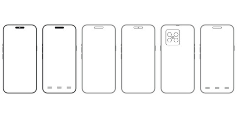 smartphone mockup with blank white screen in realistic, clay, flat vector, line style. outline mobile phone mockup front view. vector illustration