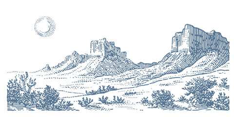 Vintage engraving of a desert landscape with mesas and sparse vegetation under a dotted sun. © RetroVector