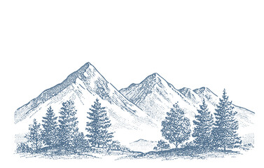 Obraz premium Vintage illustration of majestic mountain peaks with evergreen trees in the foreground.