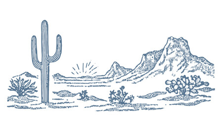 Vintage desert landscape with saguaro cactus and mountains at sunrise. © RetroVector