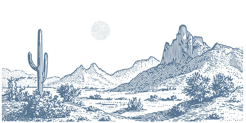 Vintage desert landscape with saguaro cactus and mountains under a dotted sun. © RetroVector