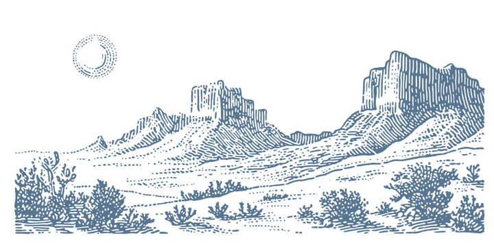 Vintage engraving of a desert landscape with mesas and sparse vegetation under a dotted sun.