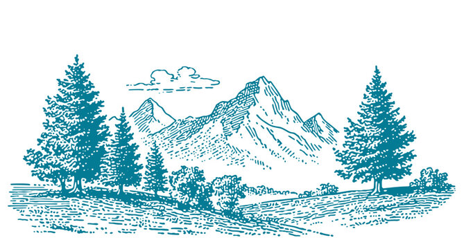 Vintage line art landscape featuring majestic mountains and evergreen trees