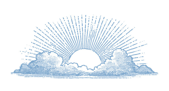 Vintage sunburst rising over clouds, engraved style illustration.
