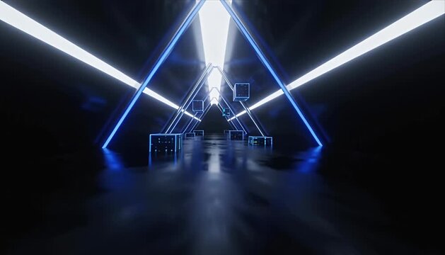 Futuristic corridor technology sci fi science fiction neon triangle tunnel with glowing cube data block abstract background cyberpunk immersive perspective digital concept modern architecture light