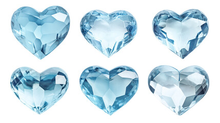 Blue heart gems, valentine love symbols, jewelry design elements on transparent background