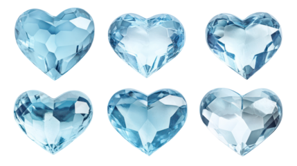Blue heart gems, valentine love symbols, jewelry design elements on transparent background