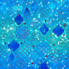幻想的なモロッカンパターン（ネイビー）ー 深いネイビーとターコイズのグラデーションに、星のきらめきとモロッカン風の幾何学模様を重ねた幻想的なパターン背景の上品で華やかなグラフィック素材。デザインペーパー、ポストカード、マスキングテープ、マスキングシールブックタイプ、フレークシール、ノートの表紙、ハンカチ、ミニタオル、食器、箸、マグカップ、皿、ペンケース、ポーチに最適。
