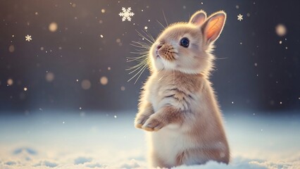 Brown rabbit standing in snow with falling snowflakes. Cute animal in winter nature for Christmas card. Small fluffy bunny.