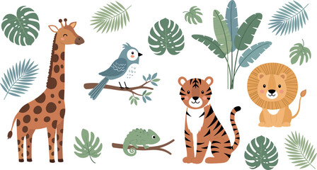 Cute jungle animals illustration set with giraffe lion tiger bird and chameleon, tropical leaves collection for kids education and nature themed designs flat vector style © Mostafijur