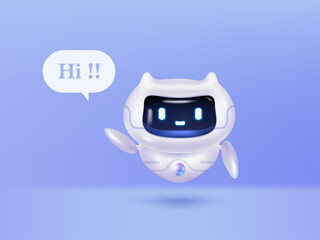 3D friendly chatbot from smartphone with speech bubbles, symbolizing AI communication and virtual support. Concept of AI and machine learning. 3D Rendering. Vector illustration
