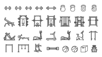 Obraz premium Gym equipment line icons vector set. Fitness workout collection. Minimalist outline. Dumbbell, treadmill, kettlebell, bike. Bodybuilding, sport training, athletic tool. Weightlifting.
