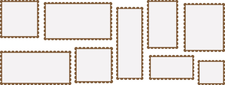 Set of vintage postage stamps. Postage stamp set. Mockup postage stamps. Blank postage stamps. Post stamp frame and border. Zigzag edge and scallop edge. Rectangle shape with zigzag edges.