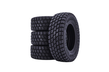 Stack of four off-road tires isolated on transparent background