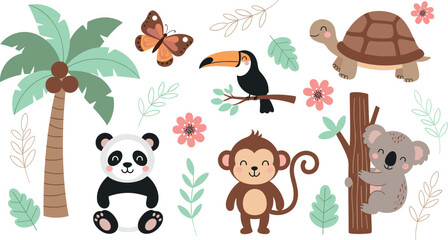 Cute jungle animal illustration set with panda monkey koala toucan turtle and tropical elements, playful wildlife collection for kids nursery and nature themed designs © Mostafijur