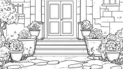 Exterior of a stone house with front steps and landscaping, black and white drawing, background for a story, or a game