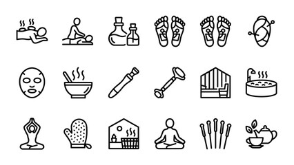 Spa and wellness line icons set. Beauty treatment, massage therapy, yoga, sauna, skincare linear pictograms. Minimalist vector collection. Relax, health, body care, salon symbols.