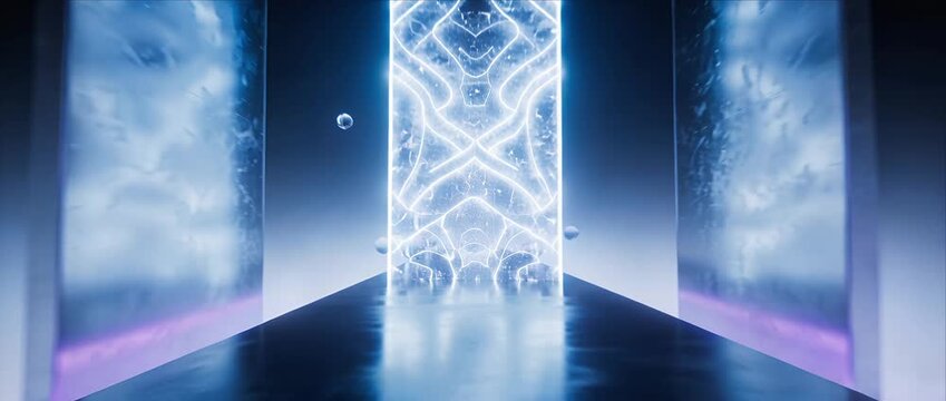 Futuristic portal technology with glowing sci fi gateway and abstract science fiction energy pattern futuristic corridor neon portal glowing door cyber digital pattern hologram light pulses surreal