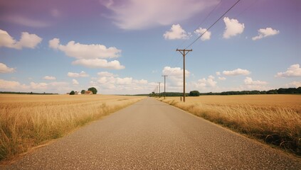 Obraz premium Wide Road Leads Through Fields Under Blue Sky With Clouds in Summer