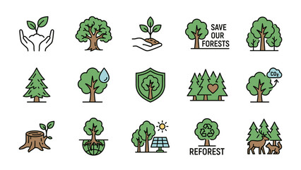 Forest conservation icons set. Eco friendly nature symbols. Ecology and sustainability. Reforestation. Environmental protection. Tree line art. Save planet. Carbon. Green energy.