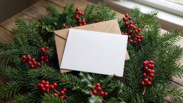 Blank greeting card with fir branches and pine cones forming a festive winter holiday border decorated with green holly and ornaments for a celebration paper background