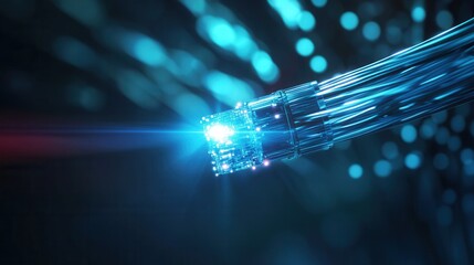 Glowing fiber connector with bokeh lights, data center backbone vibe, blue illumination on left, soft depth of field, subtle red flare, futuristic atmosphere, optical cable strands visible, hightech