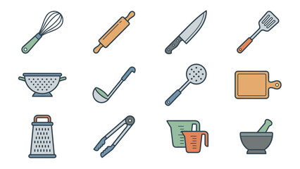 Kitchen utensil icons set. Cooking tools vector collection. Culinary equipment symbols. Food preparation instruments. Chef gadgets. Geometric flat style. Restaurant essentials.