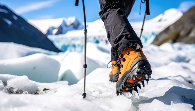 Close up of hiker boots walking on an icy glacier with trekking poles and snow capped mountains in the background under a bright blue sky