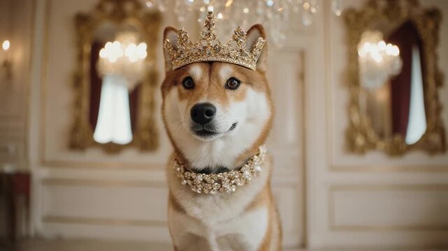 Regal Shiba Inu: A Royal Portrait of a Dog in a Luxurious Setting, crown and necklace