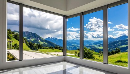 Panoramic Mountain View Through Modern Corner Windows.