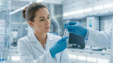 Female scientist in a modern lab examines a test tube received from a colleague's gloved hand
