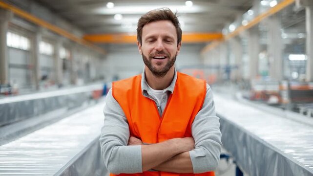 Factory Worker's Calm: A focused worker, clad in safety attire, embodies a tranquil sense of confidence, arms crossed, reflecting the quiet efficiency of a structured factory setting.