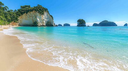 Obraz premium Scenic beach, turquoise water, limestone formations, sunny day, travel postcard