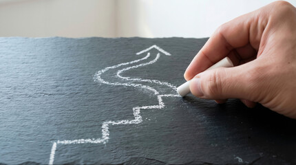 Close-up of a hand drawing a winding upward arrow with chalk on a dark slate board, symbolizing growth, progress, and a path to success