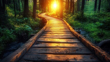 Obraz premium Sunlit wooden path through forest, nature walk