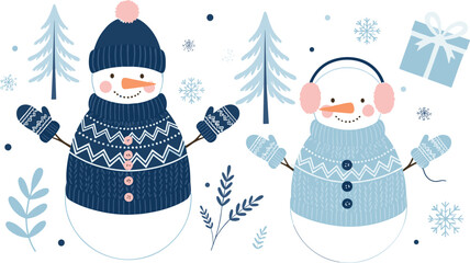 Fototapeta premium Cute winter snowman illustration set with cozy sweaters hats and mittens, adorable holiday characters collection for kids nursery decor and festive flat vector designs