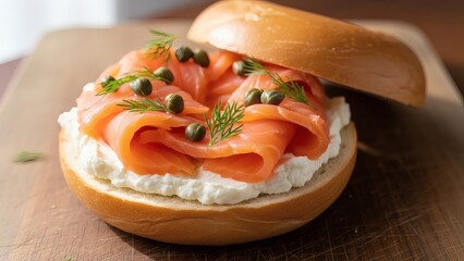 Delicious smoked salmon bagel with cream cheese and capers perfect for National Bagel and Lox Day