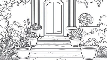 Exterior Design, Front Porch, Planted Pots, Architectural Illustration