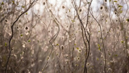 Soft-focus close-up of dried branches and small leaves against a hazy, sunlit background